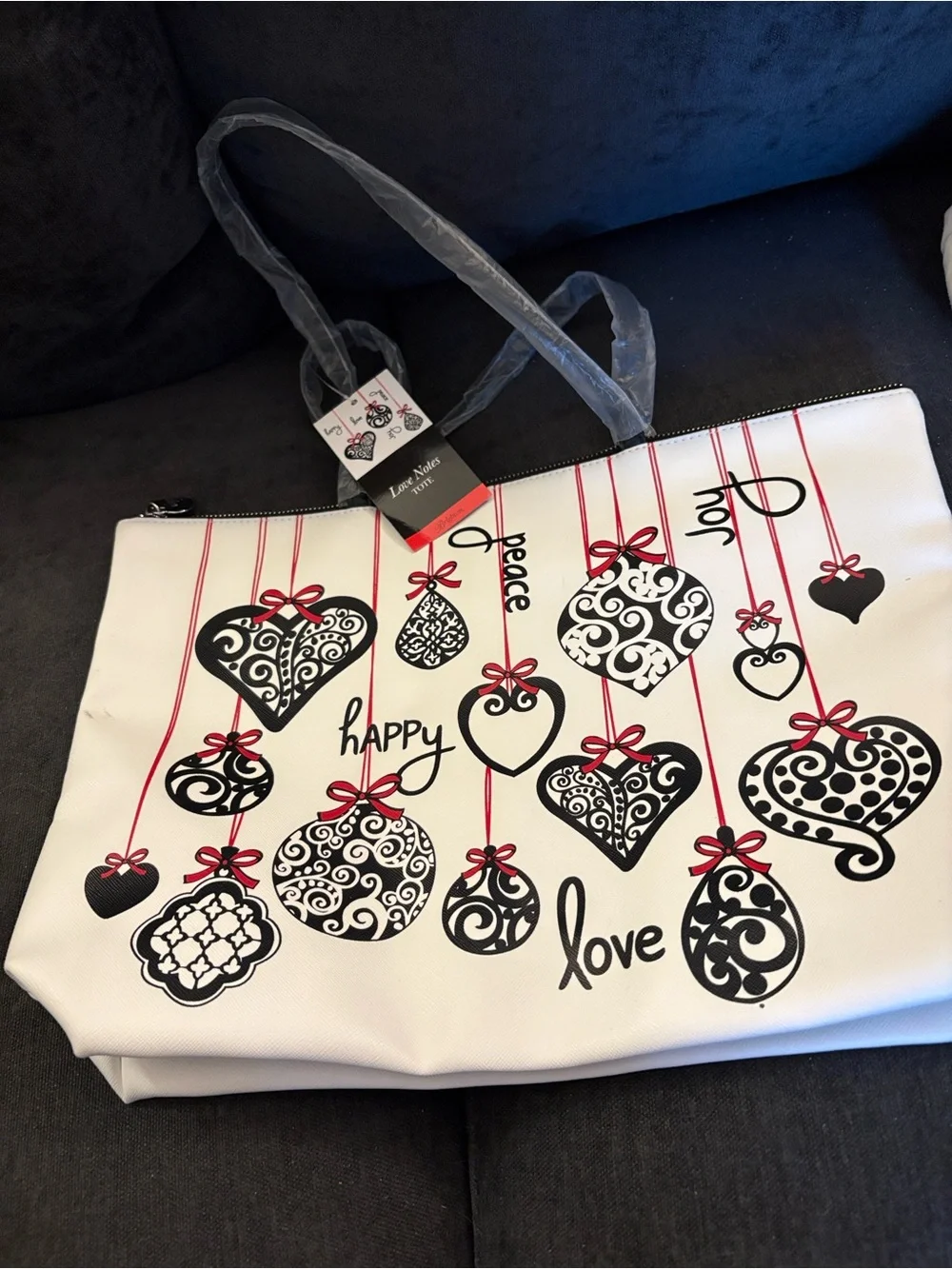 Brighton White Tote with Black Ornament Hearts and Red Ribbon Accents